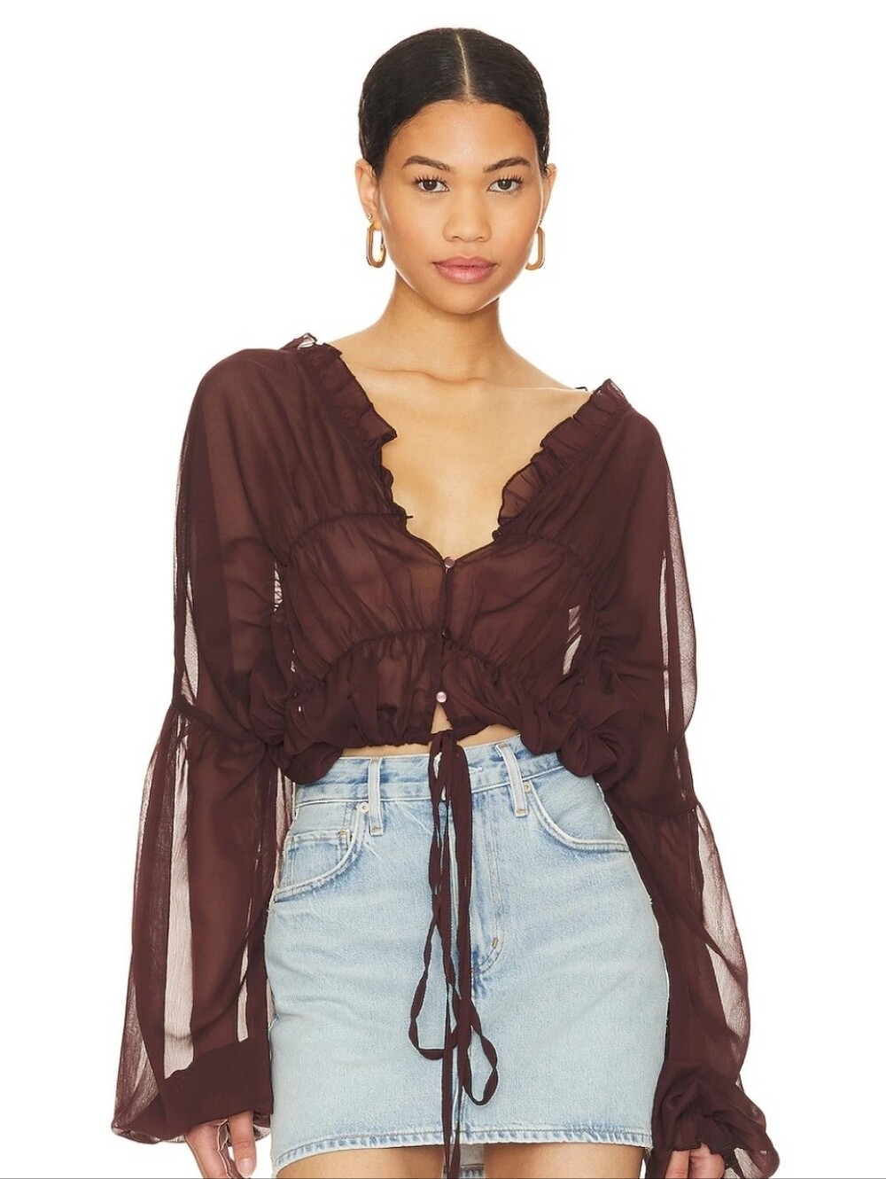 SNDYS. X Revolve Bali Top in Brown SNDYS sheer Ruffle Blouse Small